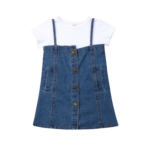 

clothing sets 1-4years toddler kid baby girl skirts outfit 2pcs cotton shirt denim strap dress c0225, White