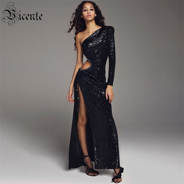 

one shoulder long sleeves black dress waist hollow out sequins celebrity party maxi vestidos 210520, Black;gray