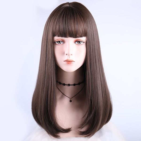 

medium length cosplay wig light orange/red with bangs synthetic straight hair heat-resistant wigs for women, Black