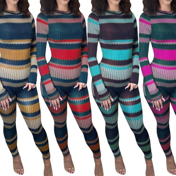 

gym clothing casual women jumpsuit stripe printing color block splicing round neck long sleeve for female, White;black