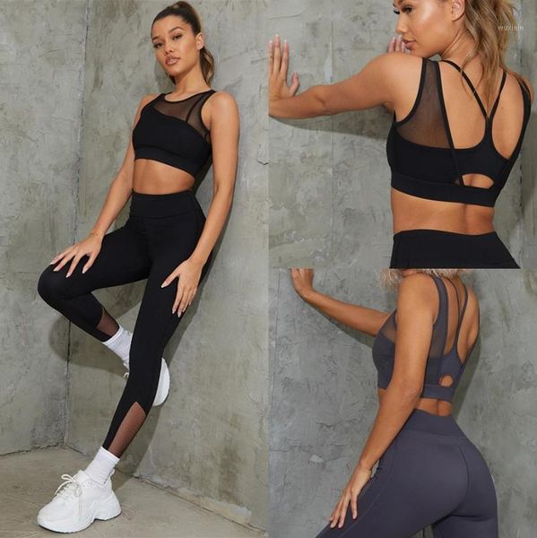 

seamless fitness clothing pure color mesh sling bra high waist tight pants yoga leggings gym outfit 2 piece set