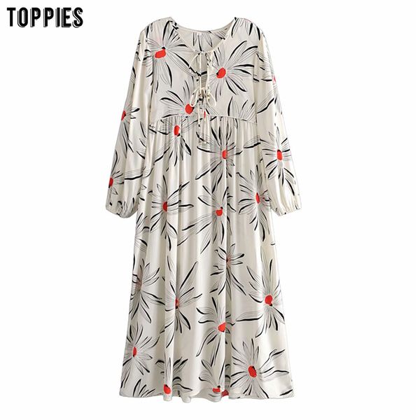 Toppies moda bohemian vestidos longos mulher mulher impressão floral vestido solto lace up bluses 210412