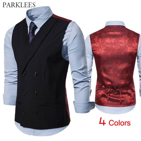 

paisley floral printed men vests dress wedding party waistcoat for men patchwork double breasted casual slim fit mens gilet 210524, Black;white