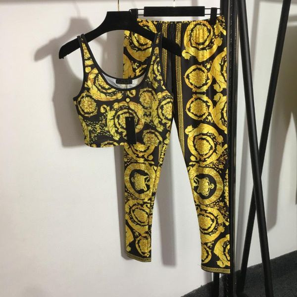 

women's two piece pants luxury summer women retro print tank crop +elastic waist slim legging 2pcs set, White