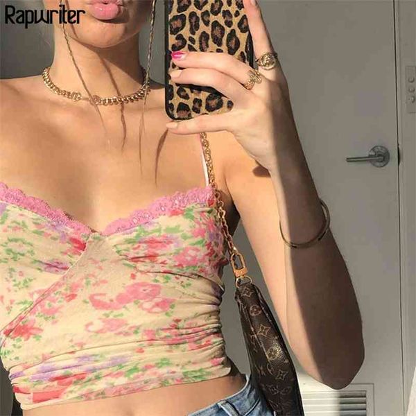 

rapwriter fashion summer tie dye floral strap lace cami women crop backless v neck camis wrap cute bustier tank 210401, White