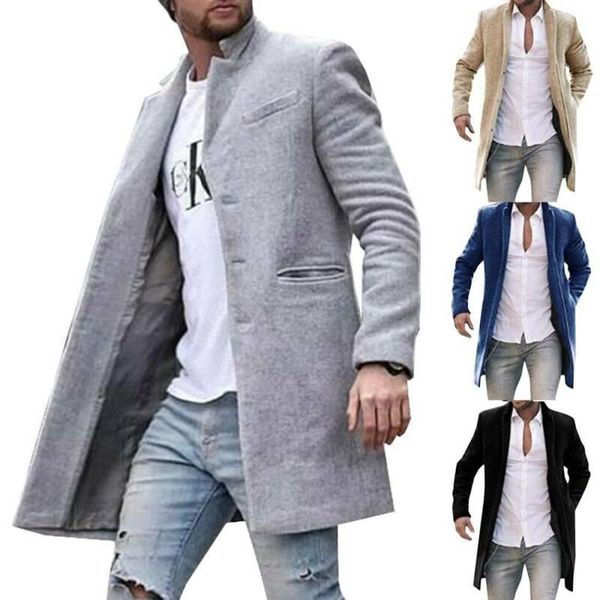 

men's wool & blends men winter button up trench coat long sleeve casual jacket warm outwear overcoat, Black