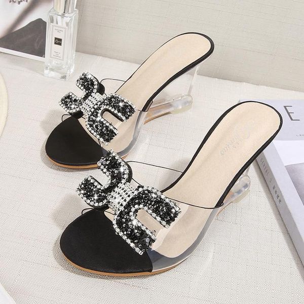 

high heel crystal sandals women summer peep toe ladies female rhinestone transparent wedges slip on shoe, Black