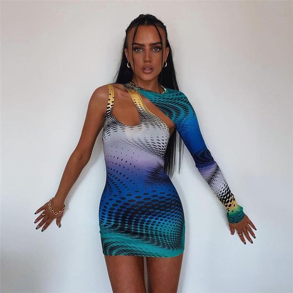 

casual dresses dots colorful one shoulder dress women removable sleeve skinny stretch bodycon 2021 autumn trend streetwear outfits, Black;gray
