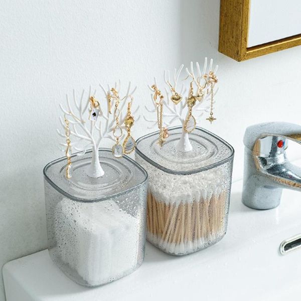 

deskstorage box with small tree rack transparent cotton swab organizer canister apothecary jar for swabs boxes & bins