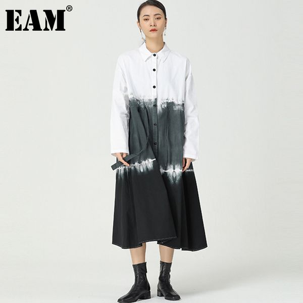 

[eam] women black tie dye drawstring big size dress lapel long sleeve loose fit fashion spring summer 1dd5922 210512, Black;gray
