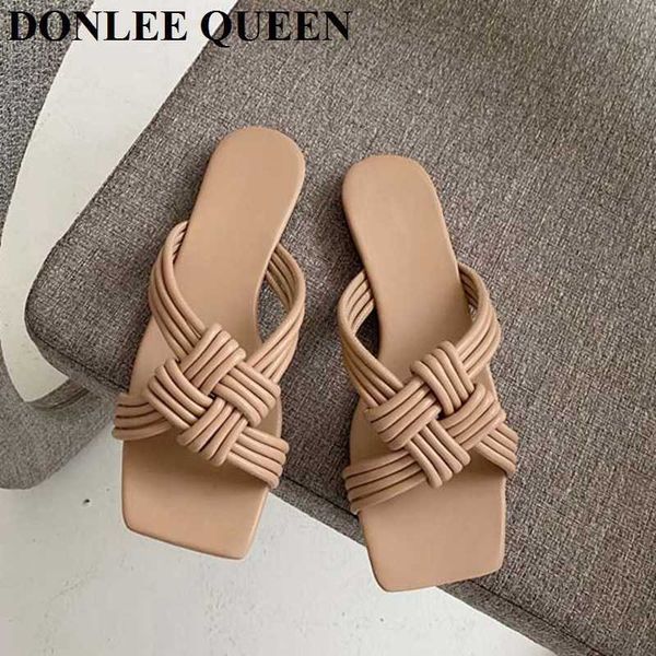 

fashion brand narrow weave slippers women square toe flat casual shoes summer slide outdoor flip flops beach sandals mujer 210715, Black