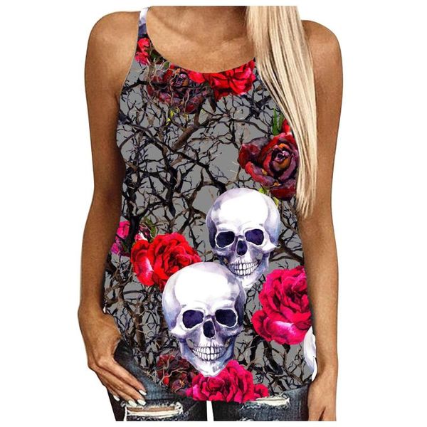 

women's tanks & camis womens summer tank gothic skull and rose printed y2k cross strap hollow out backless halter poleras mujer, White