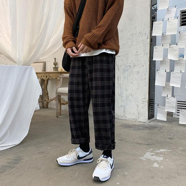 

women's pants & capris autumn and winter korean version simple woolen plaid straight casual versatile couple loose drawstring men', Black;white