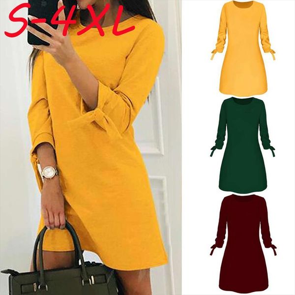 

4xl plus size spring women dresses fashion solid sundress casual o neck loose 3 4 sleeve bow elegant beach female, Black;gray