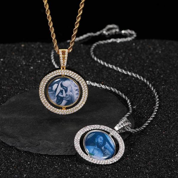 

pendant necklaces new hip hop po frame pendant diy creative rotatable hollow out double-sided circular po jewelry, Silver