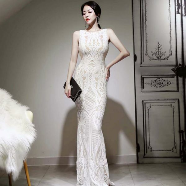 

spring new sleeveless white long vestidos women's party cloth vest bodycon floor-length maxi full lace occasion dresses, Black;gray