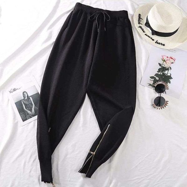 

women elastic waist drawstring trousers thick knitted harem pants autumn winter sport swear women's bottoms zipper 210601, Black;white