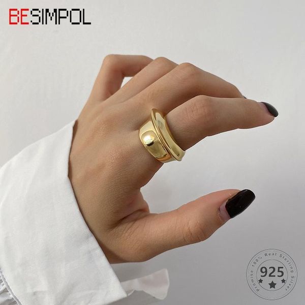 

cluster rings besimpol 100% real 925 sterling silver ring french style wide gravity adjustable open for women fine jewelry party gifts, Golden;silver
