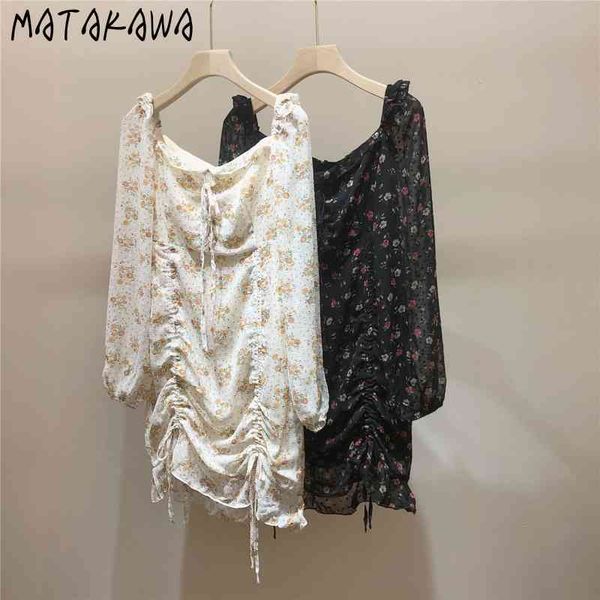 

matakawa long-sleeved slim-fitting bodycon dress romantic summer robe drawstring ruffled dresses square neck floral vestidos 210513, Black;gray