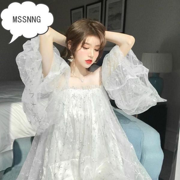 

casual dresses mssnng 2021 summer korean word collar strapless stars loose mesh dress fairy formal women elegant, Black;gray