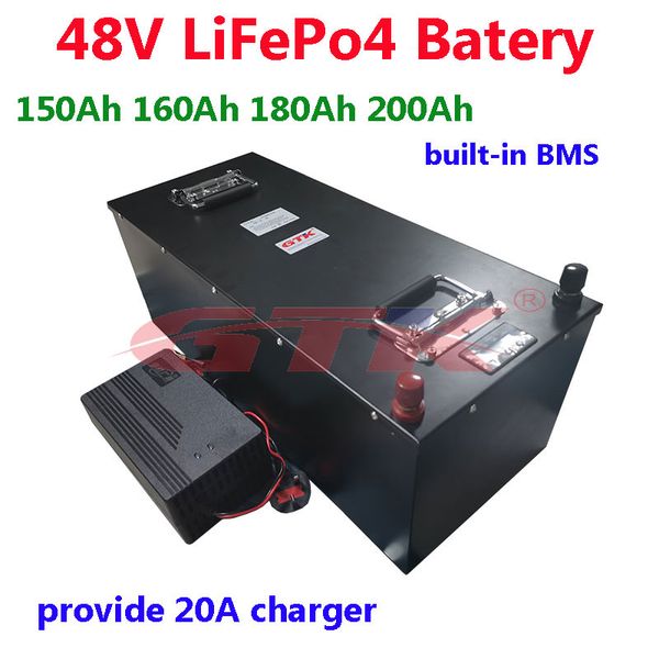 48V 150AH 160AH 180AH 200AH LIFPO4 Bateria de lítio com BMS para 5000W motorhome carro elétrico energia solar energia + 10A carregador