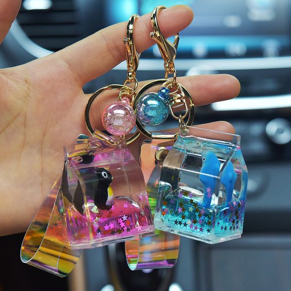 

2021 fashion keychain creative oil in multicolor acrylic milk box and personalized trend key chain bag pendant, Slivery;golden