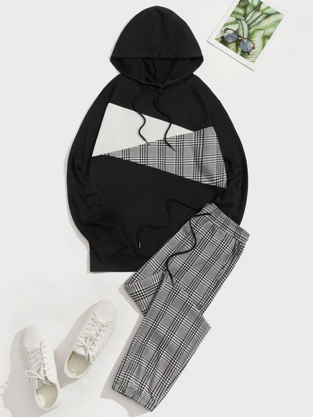 

men cut-and-sew drawstring hoodie & plaid sweatpants e3wk#, Gray