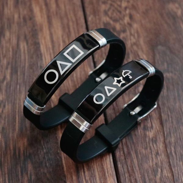 

bangle korea fashion black silicone couple bracelet engrave triangle square circle stainless steel jewelry gift for men