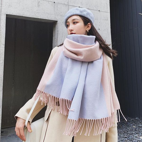

scarves 2021 warm double-sided scarf, korean version dual-purpose long student shawl cold proof. cashmere like 3201, Blue;gray