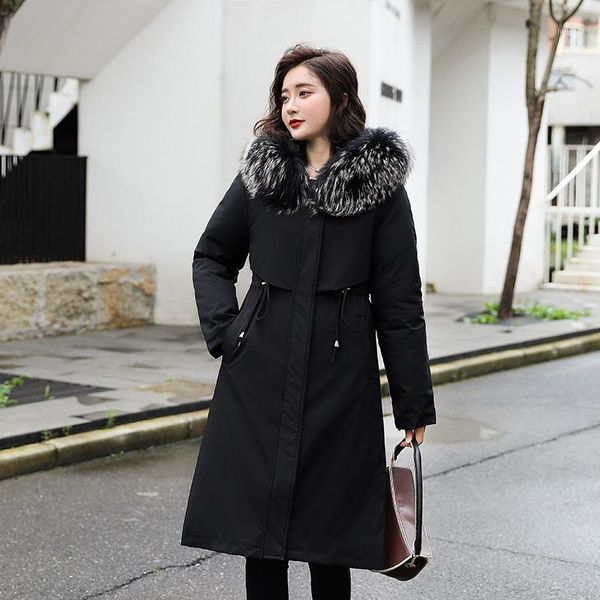 

heel detachable women's medium and long inner lining cotton padded clothes lambs hair collar hooded down & parkas, Black