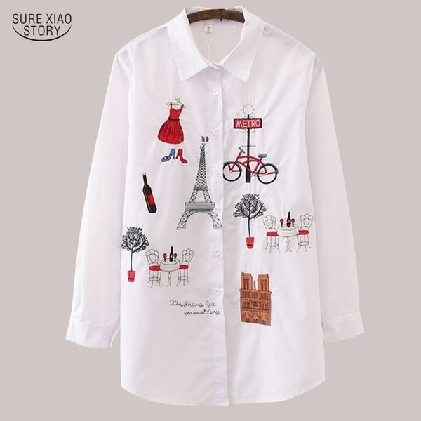 New White Women Blouse Manga Longa Algodão Bordado Blusa Lady Casual Botão Design Abaixo Colares Camisa Fêmea 5083 210410