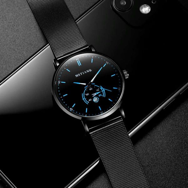 

watch swiss trend black technology belt fine steel men's waterproof calendar ultra-thin non mechanical model, Slivery;brown