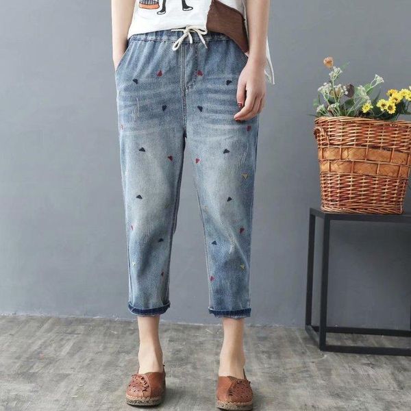 

women's jeans washed hole loose all-match calf-lenght pants with drawstring retro flower embroidery elastic waist mujer women female, Blue