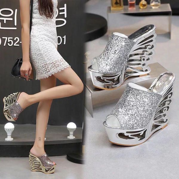 

high heels 15cm slippers sequins women sandals wedge hollow casual female ladies wedding shoes, Black