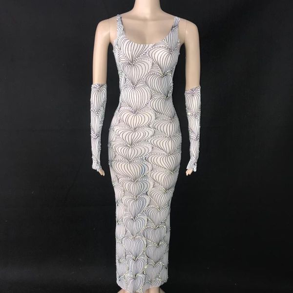 

stage wear white mesh ab color stones heart pattern sleeveless gloves dress singer evening birthday party long, Black;red