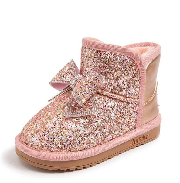 

2021 winter new boys girls thicken warm cotton boots fashion bow children flat casual boots children non-slip wear snow boots, Black;grey