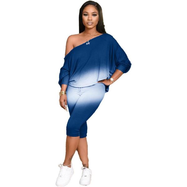 

women's tracksuits 2 piece shorts women fashion gradient color outfits boat neck t-shirt and two one shoulder, Gray