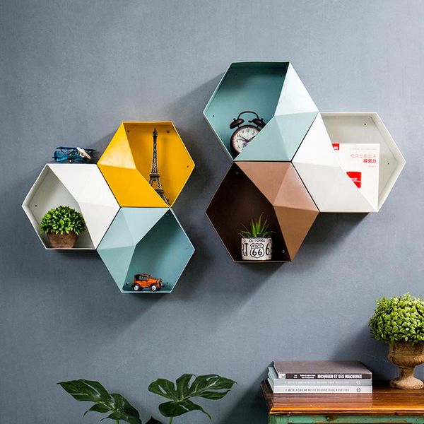 

hooks & rails colour metal hexagonal hanging shelf modern personalized geometry pattern living room wall decore sundry storage holders craft