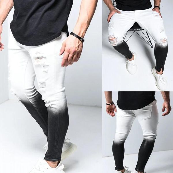 

men's pants jeans mid ripped denim frayed hem casual stretch tight trousers pantalones hombre pantalon homme ropa, Black