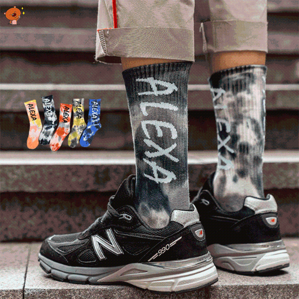 

men's socks 3 pairs / tie dyed street sports trend medium tube pure cotton are comfortable, soft, hygroscopic and breathable, Black