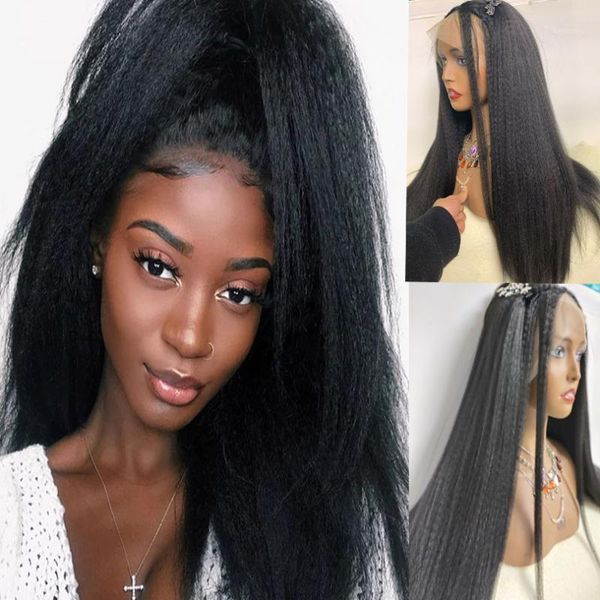 

26lnch kinky straight t part lace front fiber wig natural color 180% density synthetic deep wigs for women with baby hair1, Black