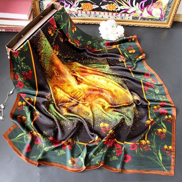 

scarves high-end elegant women exquisite fairy peacock printed noble temperament plain satin rolled edge silk large square scarf shawl, Blue;gray