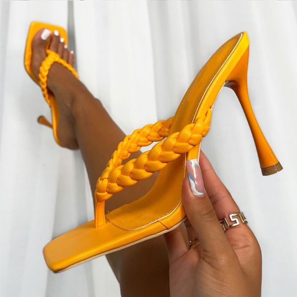 

sandals novo na moda laranja tranças pitada mulher chinelos de salto alto fino sandálias sapatos dedo do pé quadrado verão ao ar livre slide, Black