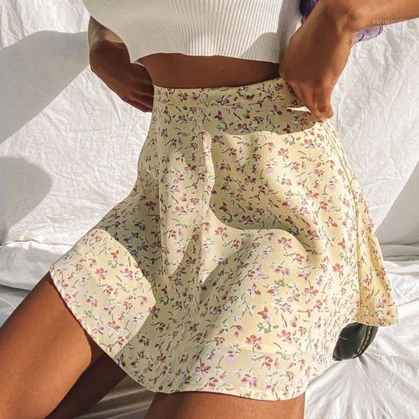 Saias Verão Chiffon Floral Impressão Mini Saia Mulheres A-Linha Alta Cintura Cintura Curto Feminino 2021 Doce Moda Beach Senhora Bottoms