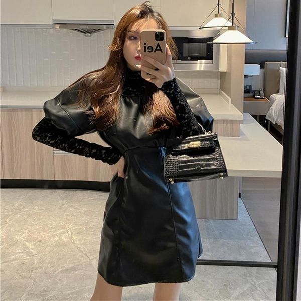 

women's tracksuits fashion bubble sleeve collect waist pu leather a-line dress + high collar solid color simple lace shirt two piece se, Gray
