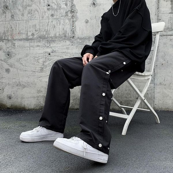 

men's pants summer wide-leg fashion retro button casual men streetwear loose hip-hop straight-leg mens trousers, Black