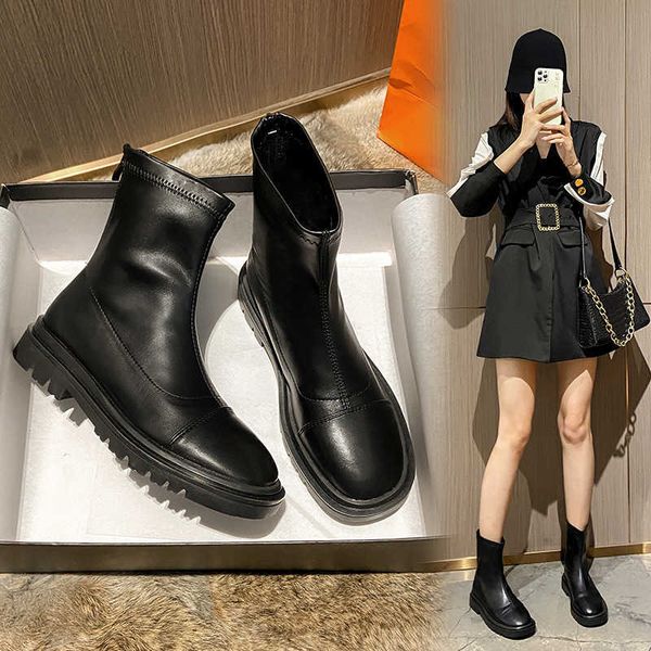 

short boots women 2021 new spring and autumn round head british style martin boots thin boots back zipper muffin thick bottom chelsea, Black
