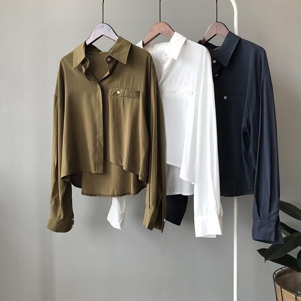 

women's blouses & shirts long sleeve shirt solid white fashion tencel fall 2021 korean loose office irregular hem ladies blusas