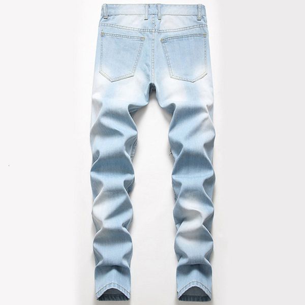 

shabiqi brand men's slim elastic fashion classic style straight jeans denim pants hole black casual trousers, Blue