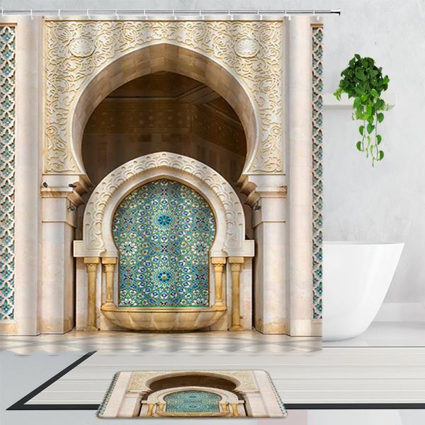 

shower curtains morocco arched door classical yellow retro architectural landscape bathroom curtain set non-slip bath mat carpet